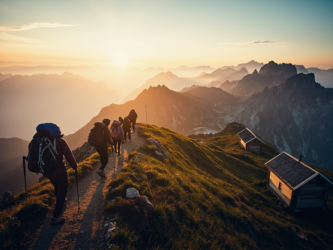 Bergwanderer auf einem schmalen Grat in den Alpen bei klarer Sicht