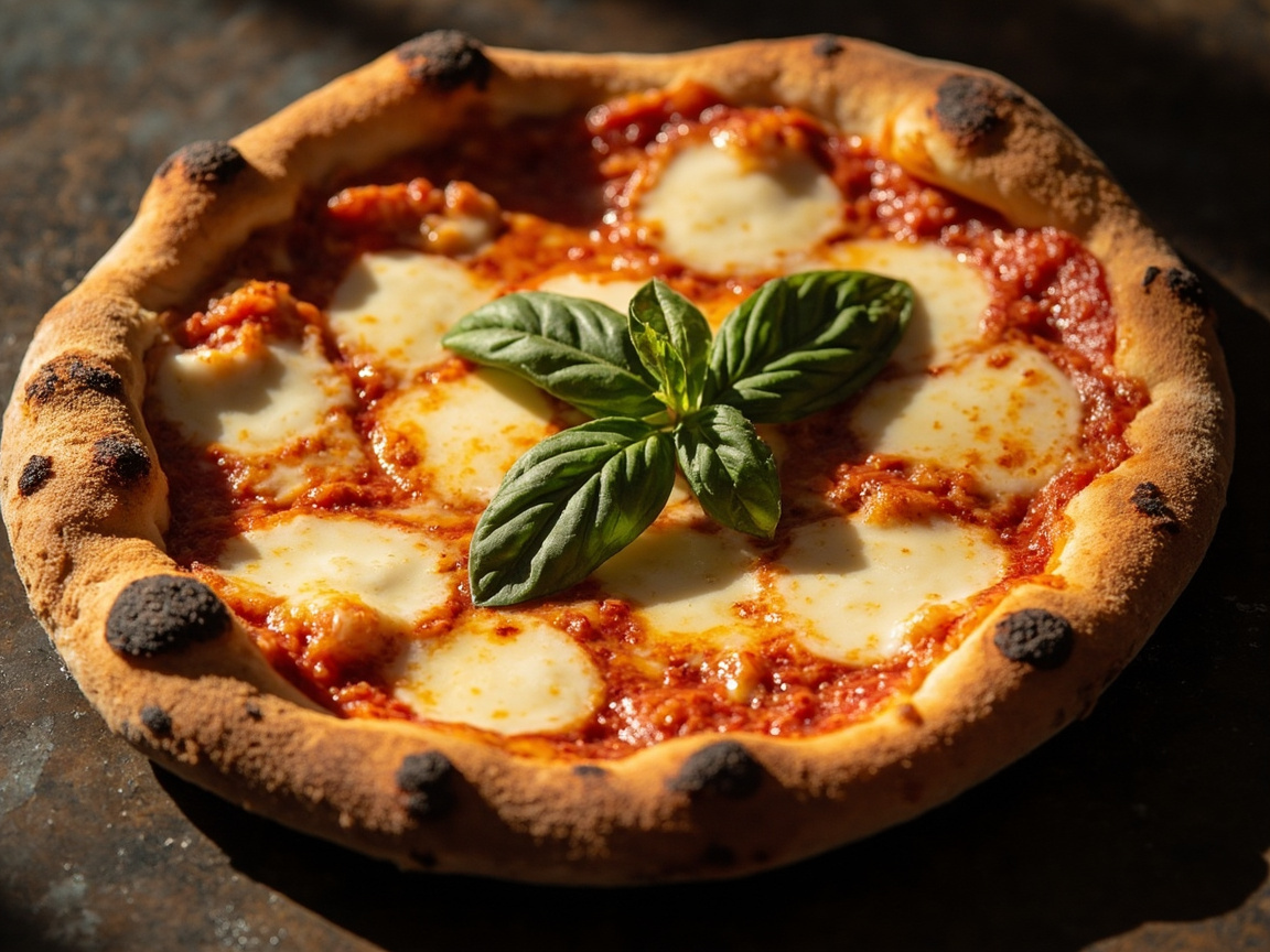 Pizza Margherita Verace mit San-Marzano-Sugo, Mozzarella di Bufala DOP und Basilikum aus dem Holzofen