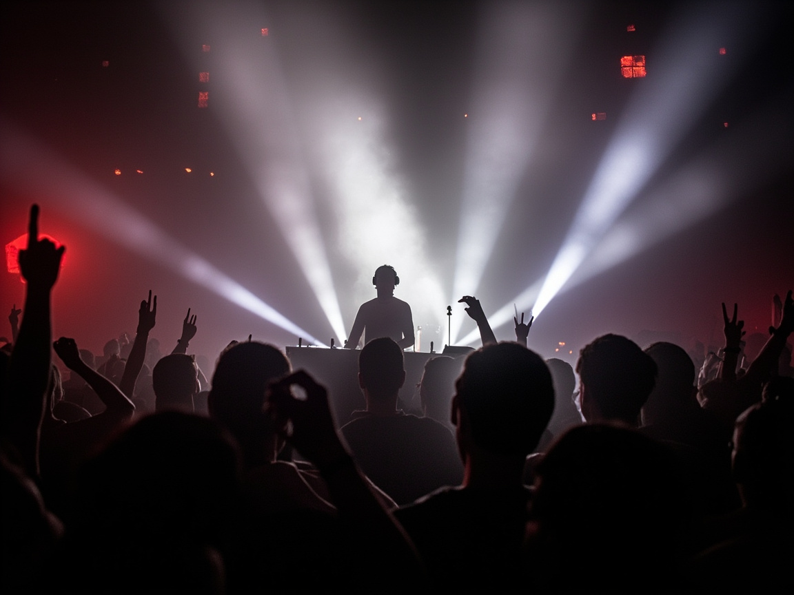 Gießhalle bei laufendem Set — Menge vor der Kranbahn-DJ-Plattform
